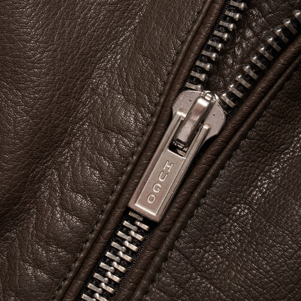 HUGO Lanster Leather Biker Jacket - Dark Green