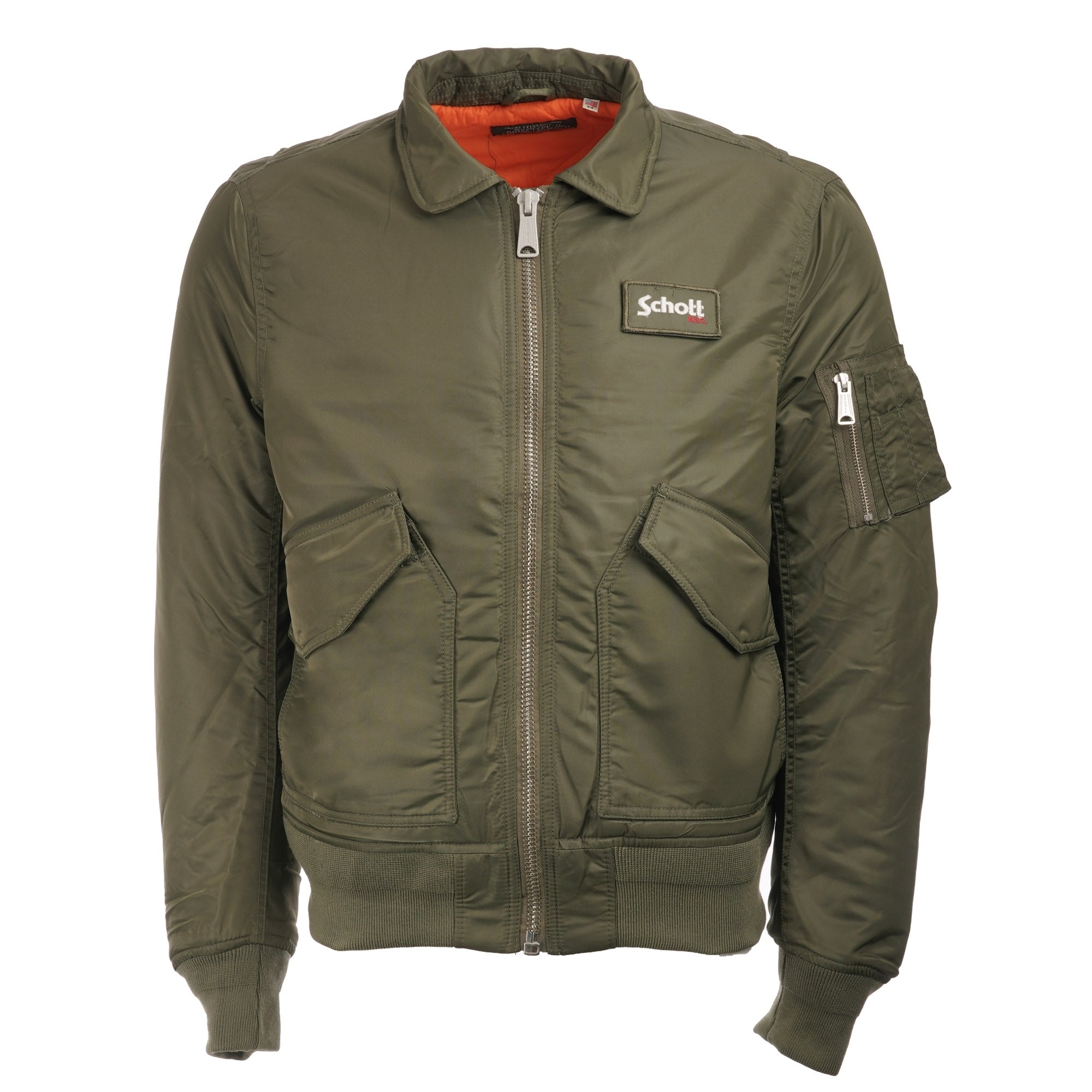 Front view of a khaki bomber jacket with an orange lining, laid flat.