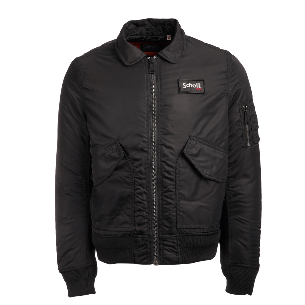 A black bomber jacket with a collar, zip closure, and two large front pockets.