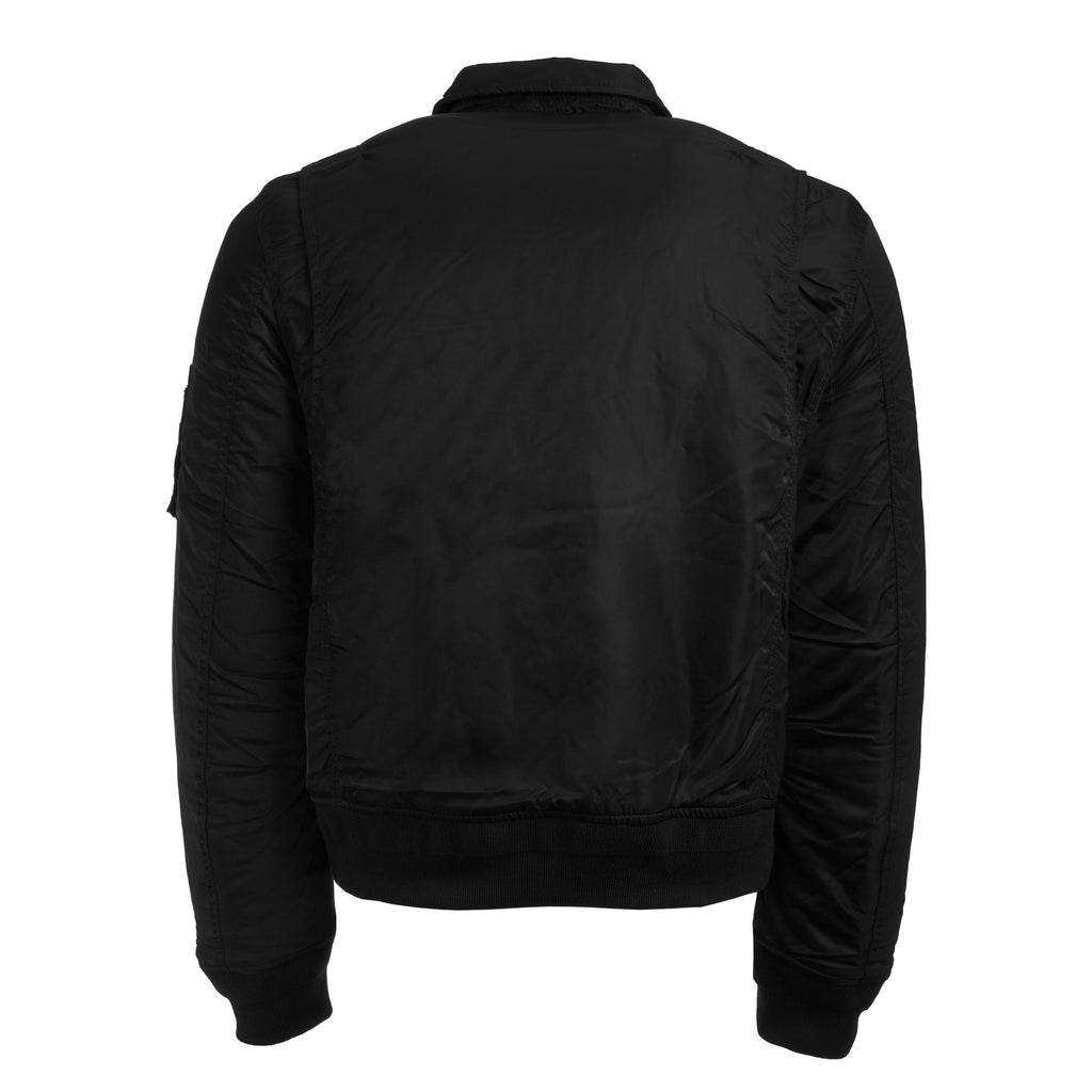 The back view of a black bomber jacket, showcasing its plain design.