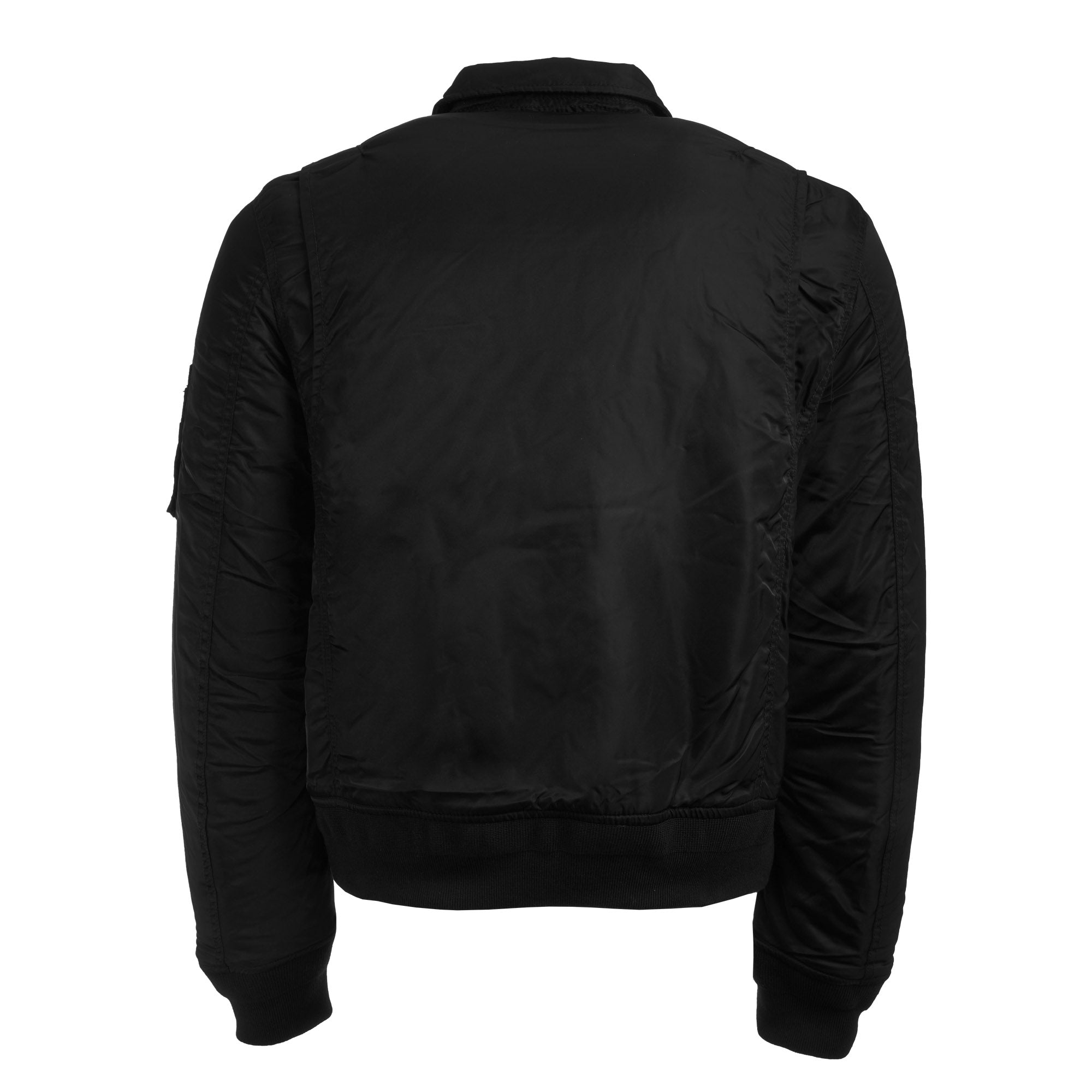 The back view of a black bomber jacket, showcasing its plain design.