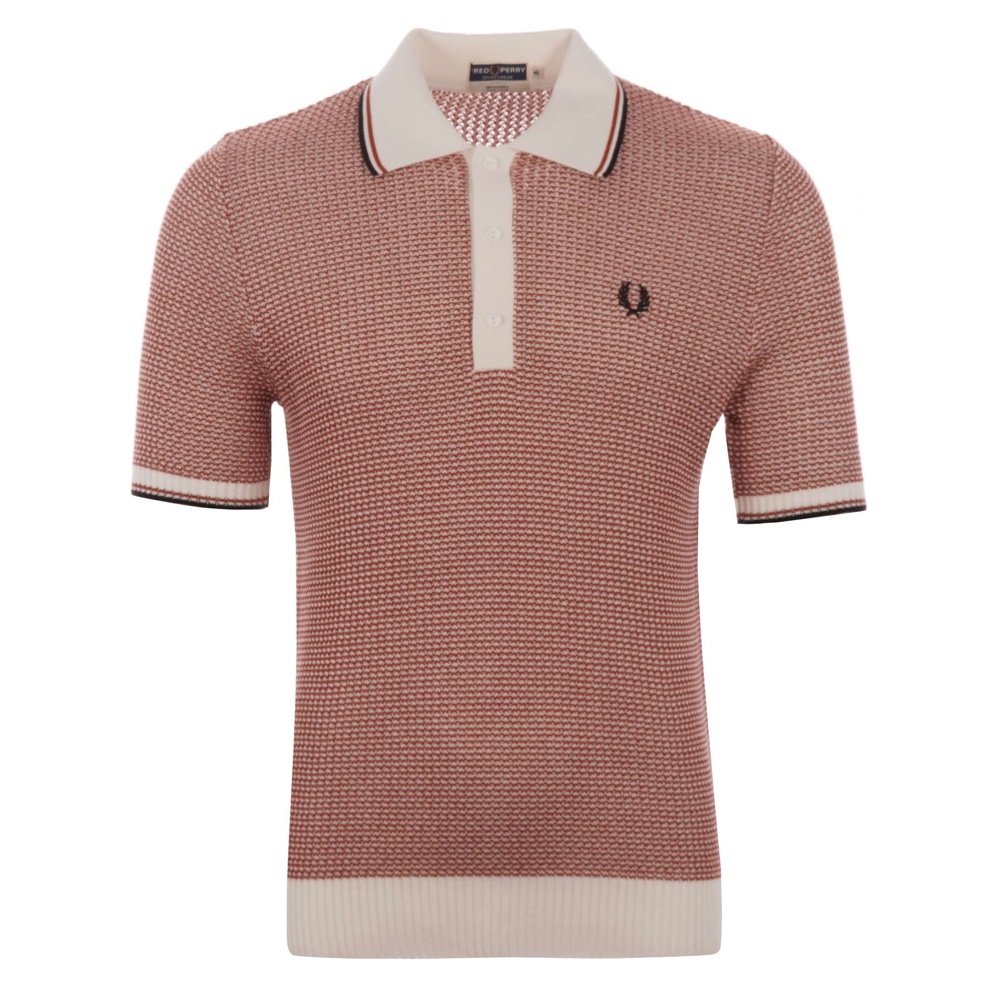 Fred Perry Reissues Two Colour Texture Knit Polo Shirt - Snow White & Paprika