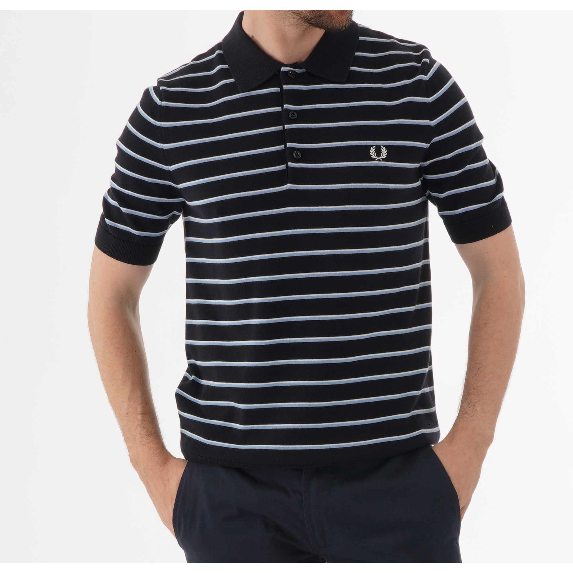 Fred Perry Fine Stripe Knitted Polo Shirt - Navy