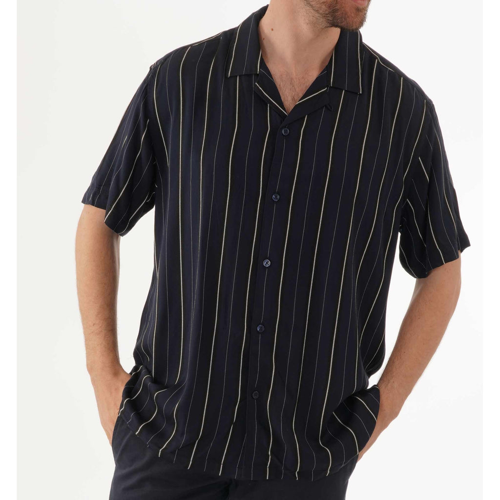 Ben Sherman Short Sleeve Satin Stripe Shirt - Navy