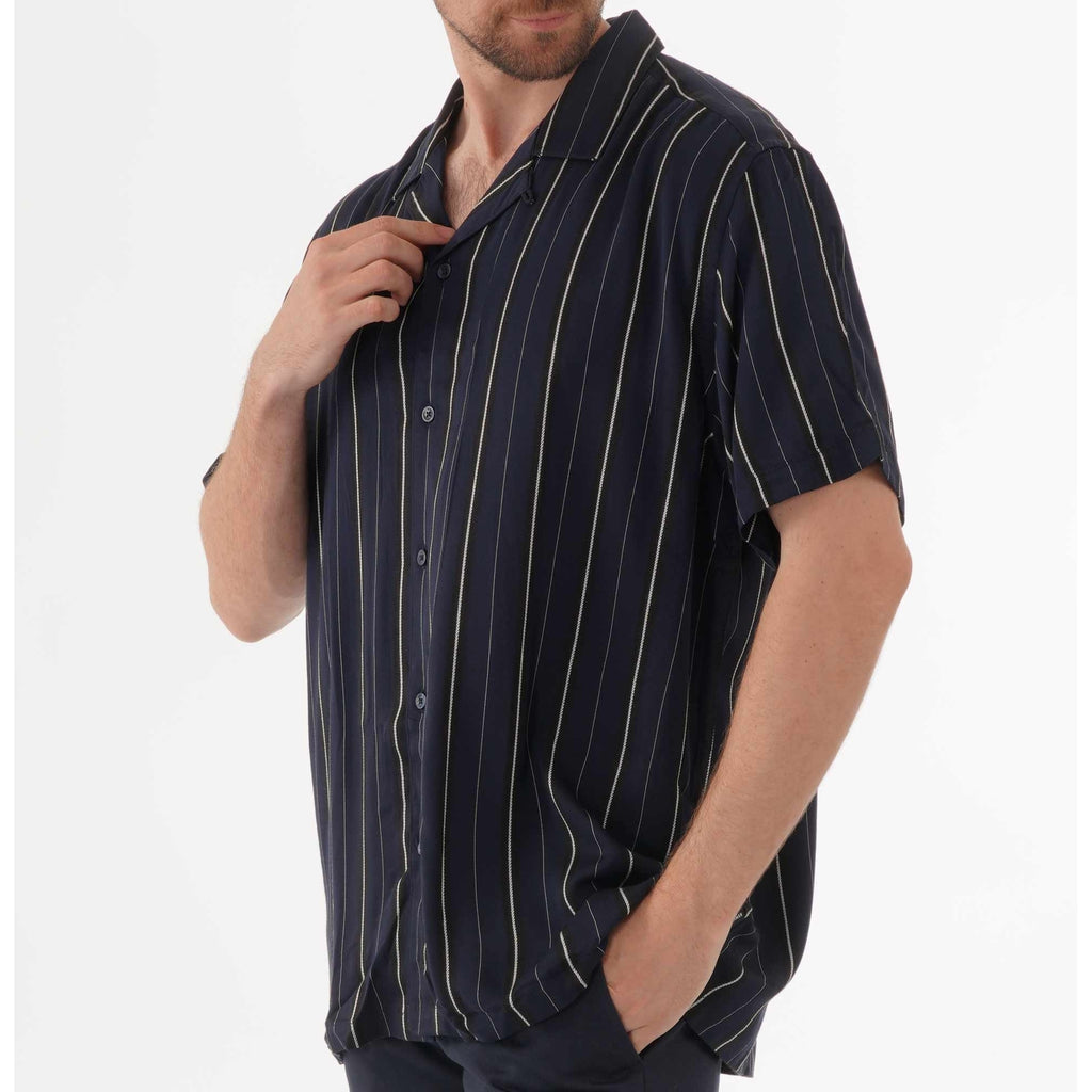 Ben Sherman Short Sleeve Satin Stripe Shirt - Navy
