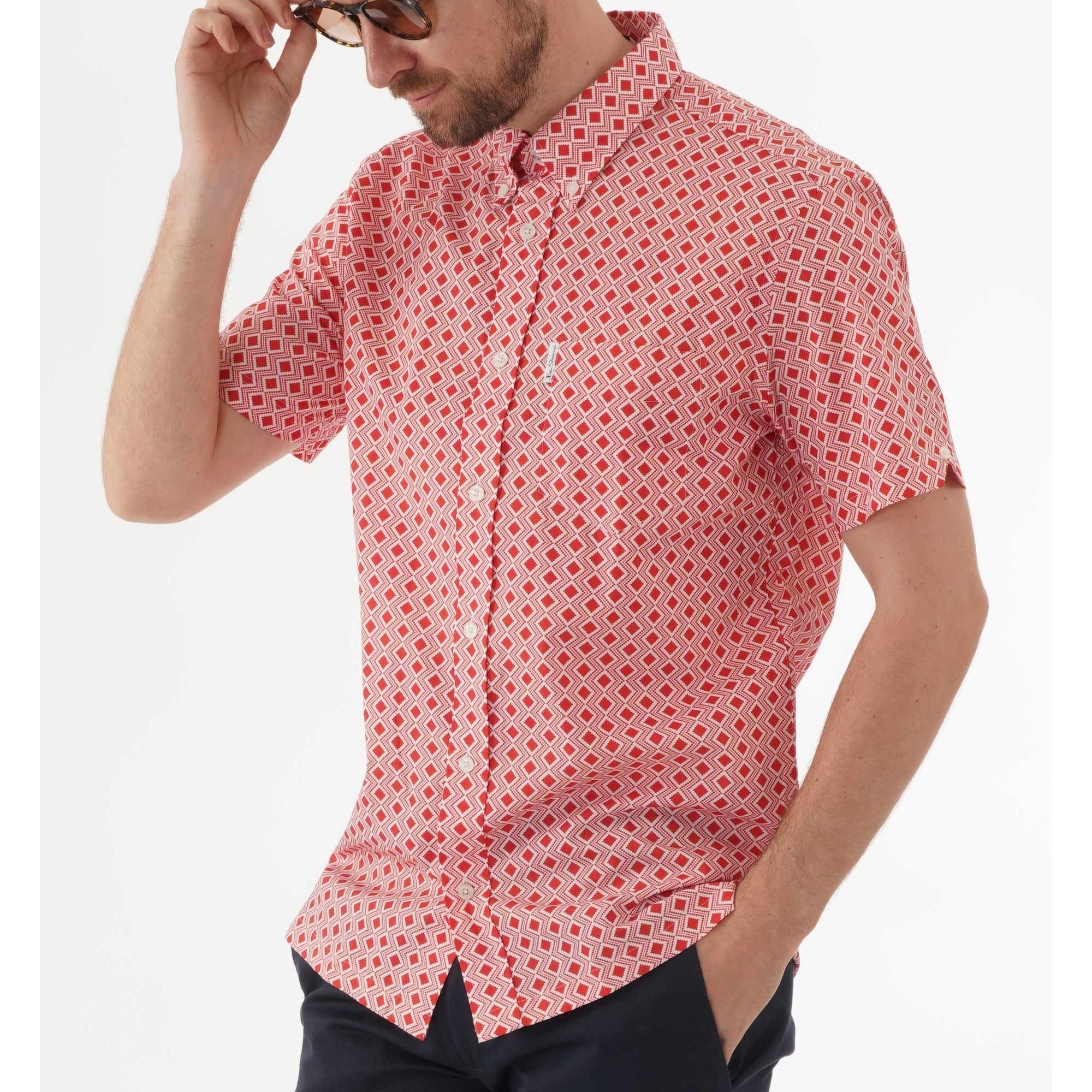 Ben Sherman Geometric Short-Sleeved Shirt - Cornell Red