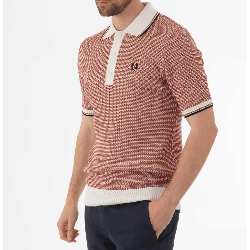 Fred Perry Reissues Two Colour Texture Knit Polo Shirt - Snow White & Paprika