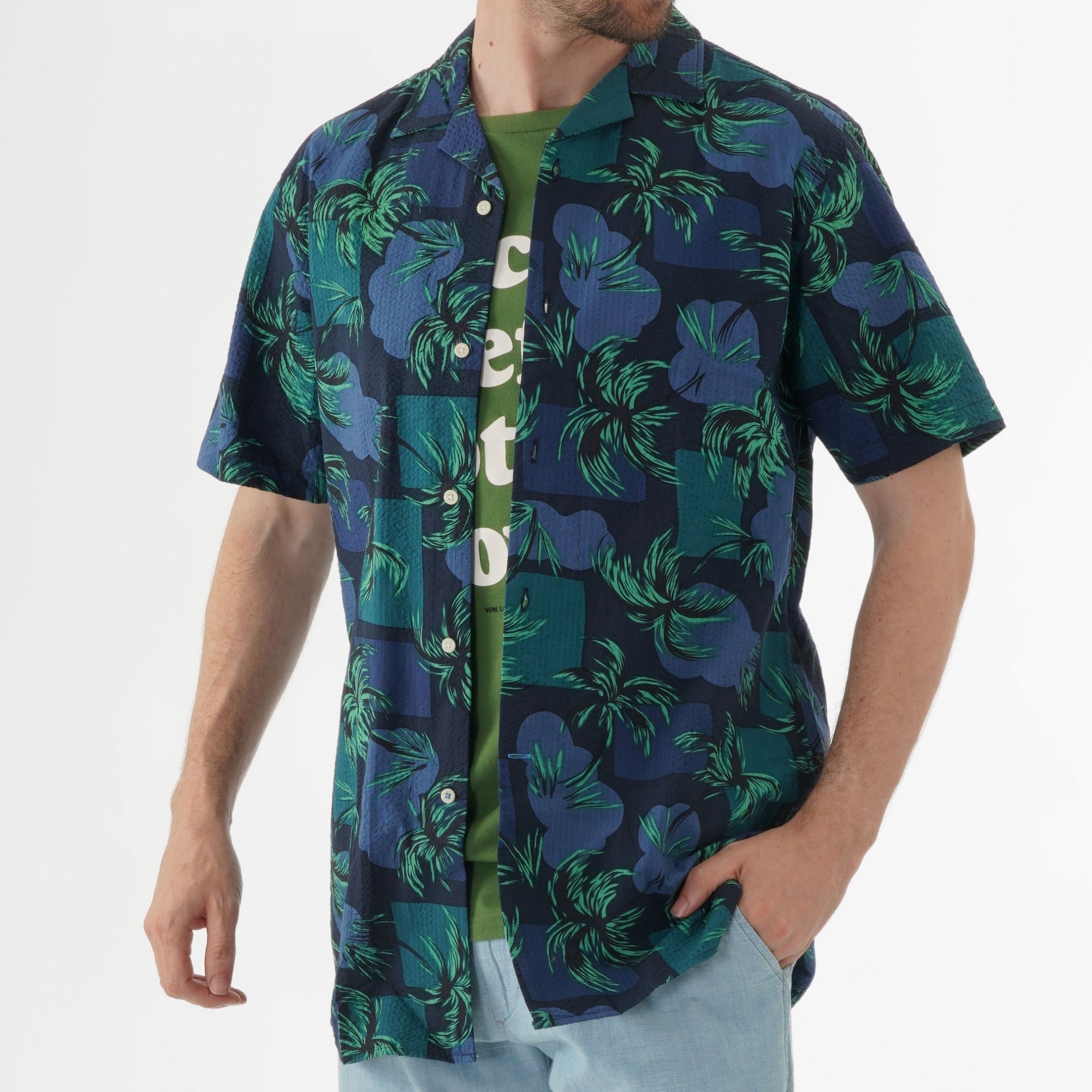 Tommy Hilfiger Palm Tree Print Open Collar Shirt - Night Sky
