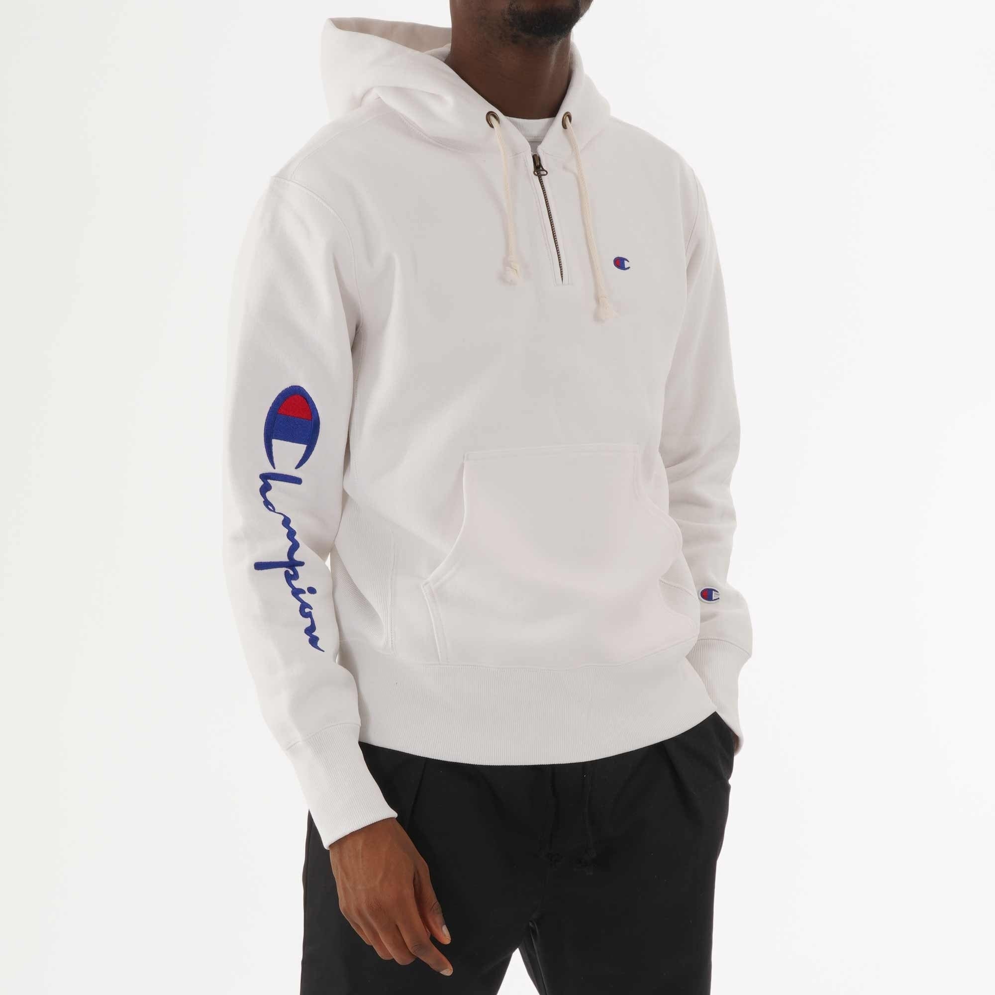 Champion Half Zip Logo Reverse Weave Hoodie - White – Stuarts London