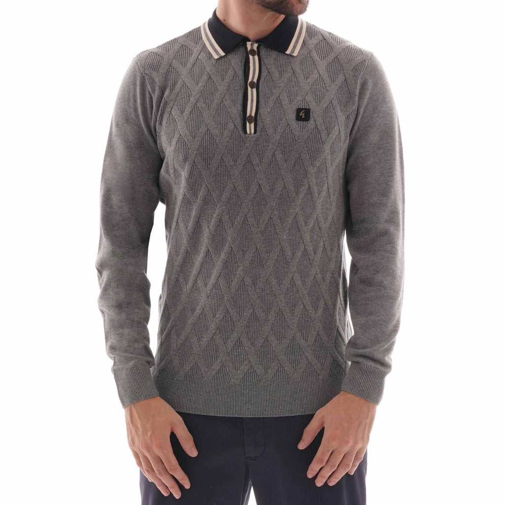 Gabicci Vintage Knitted Bretton Polo Shirt - Grey