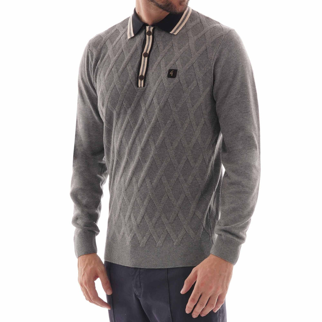Gabicci Vintage Knitted Bretton Polo Shirt - Grey