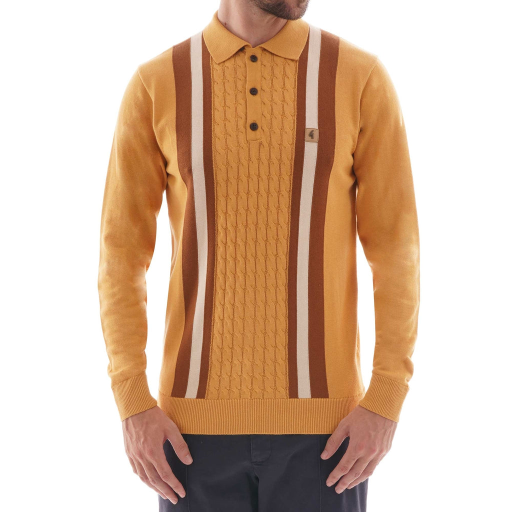 Gabicci Vintage Cable Knit Long Sleeve Polo Shirt - Honeycomb