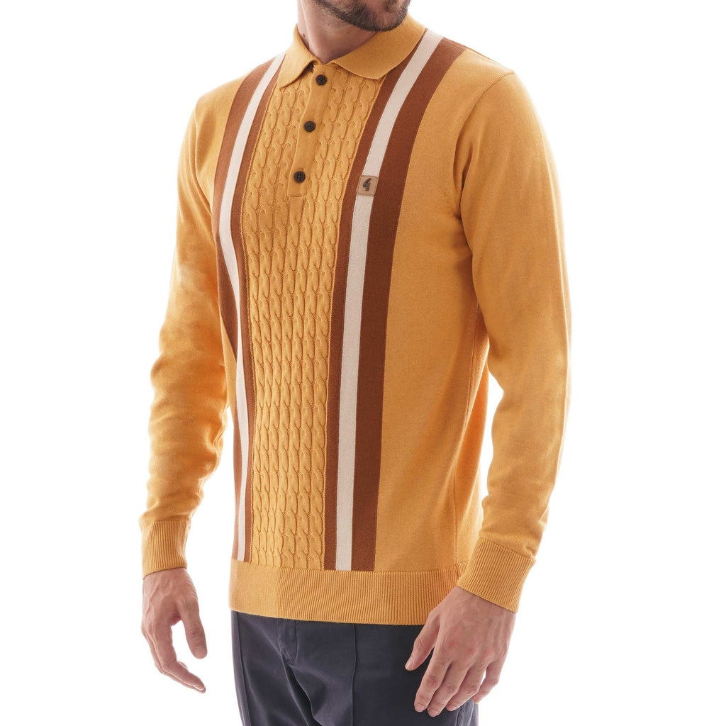 Gabicci Vintage Cable Knit Long Sleeve Polo Shirt - Honeycomb