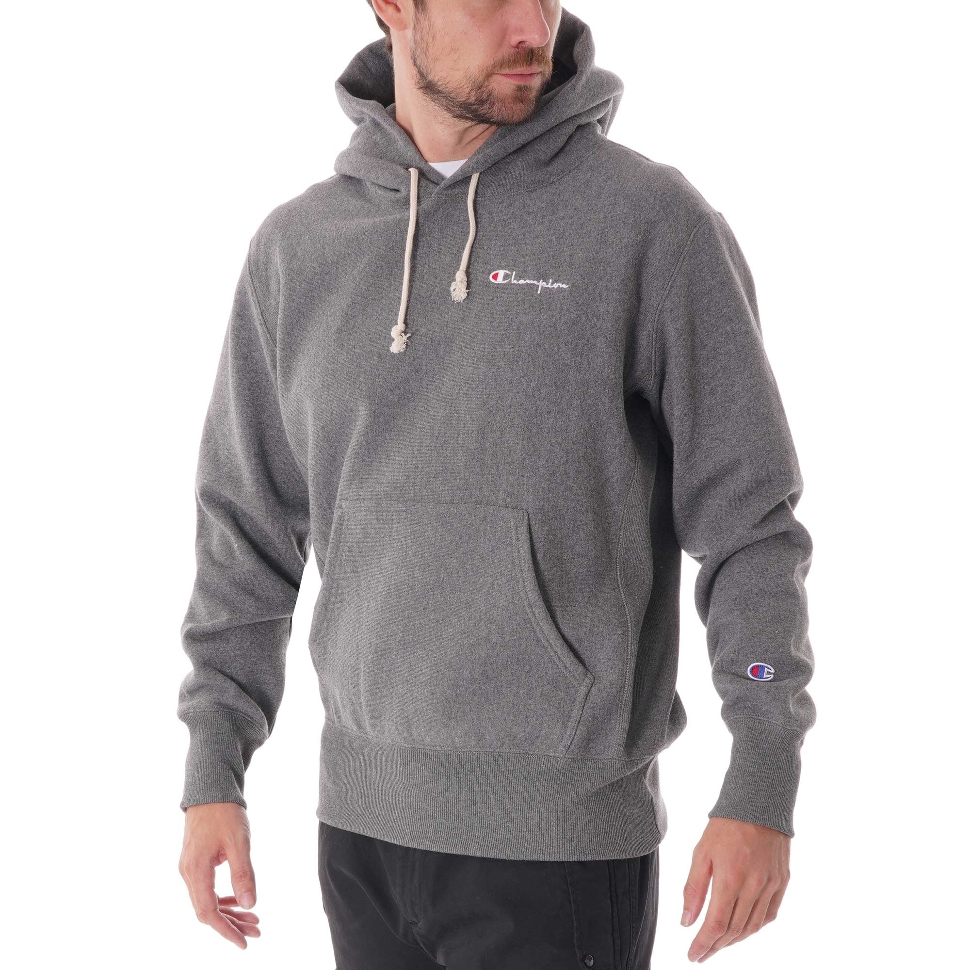 Champion Small Script Logo Reverse Weave Hoodie - Grey