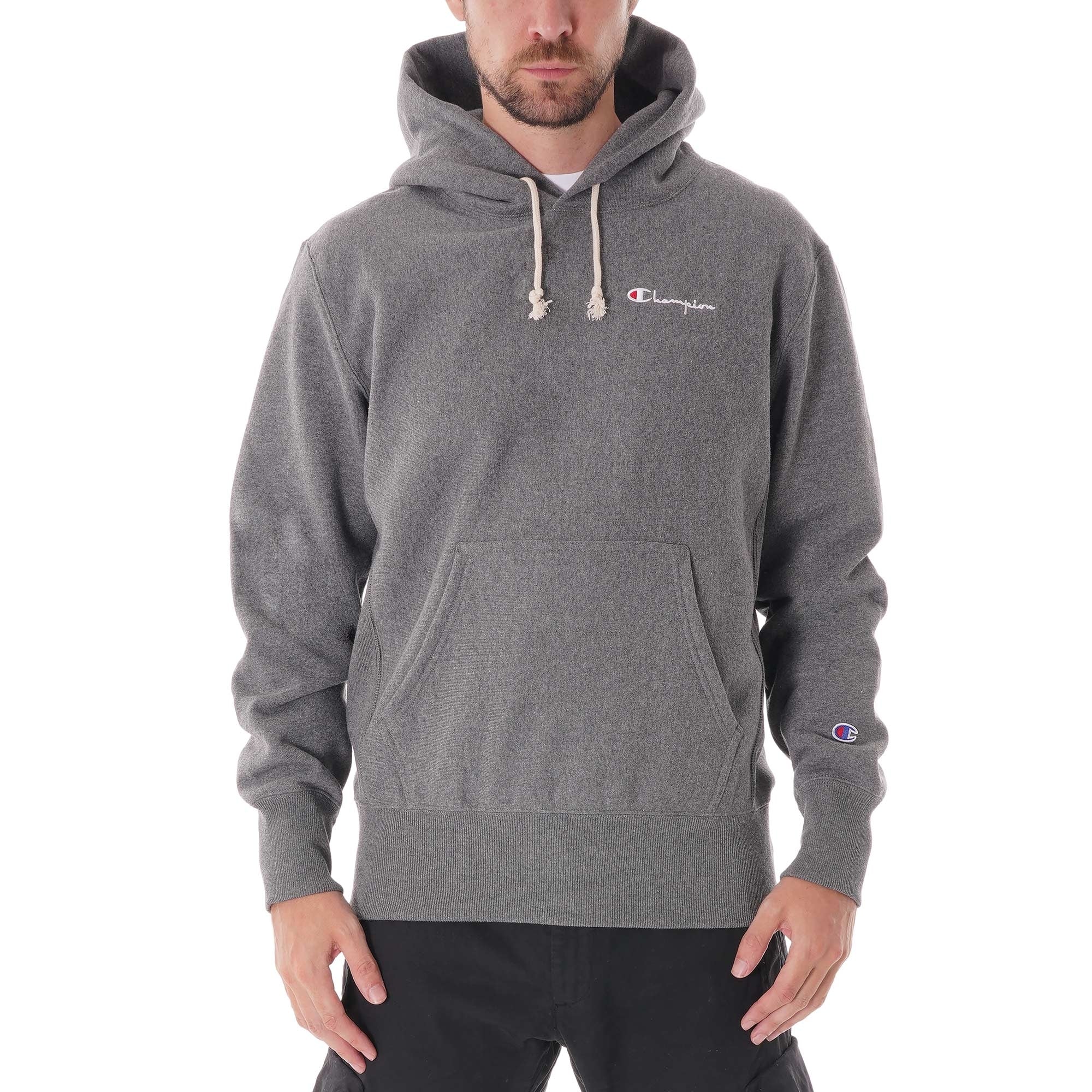 Champion Small Script Logo Reverse Weave Hoodie - Grey