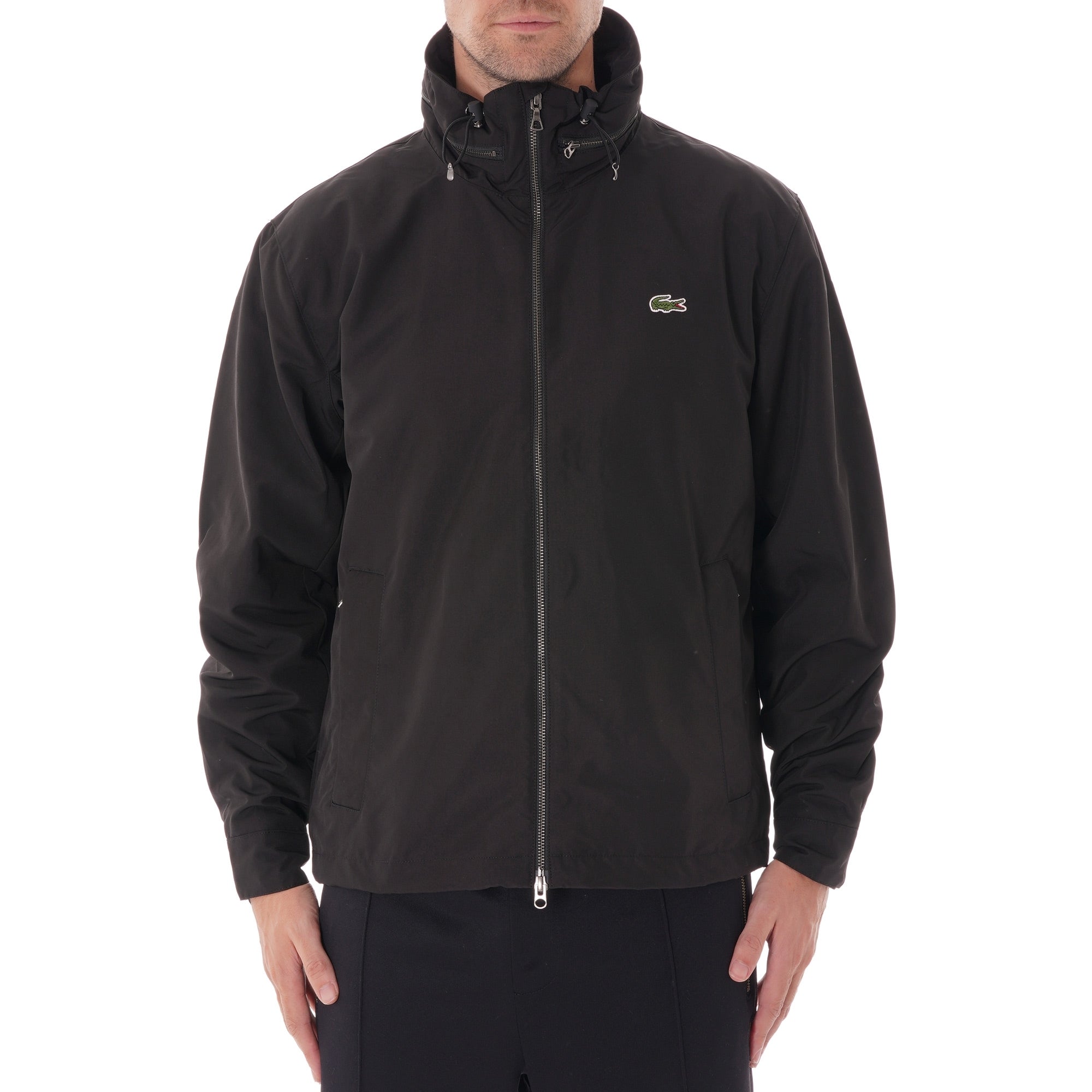 Lacoste Concealed Hood Combinable Lightweight Zip Windbreaker - Black