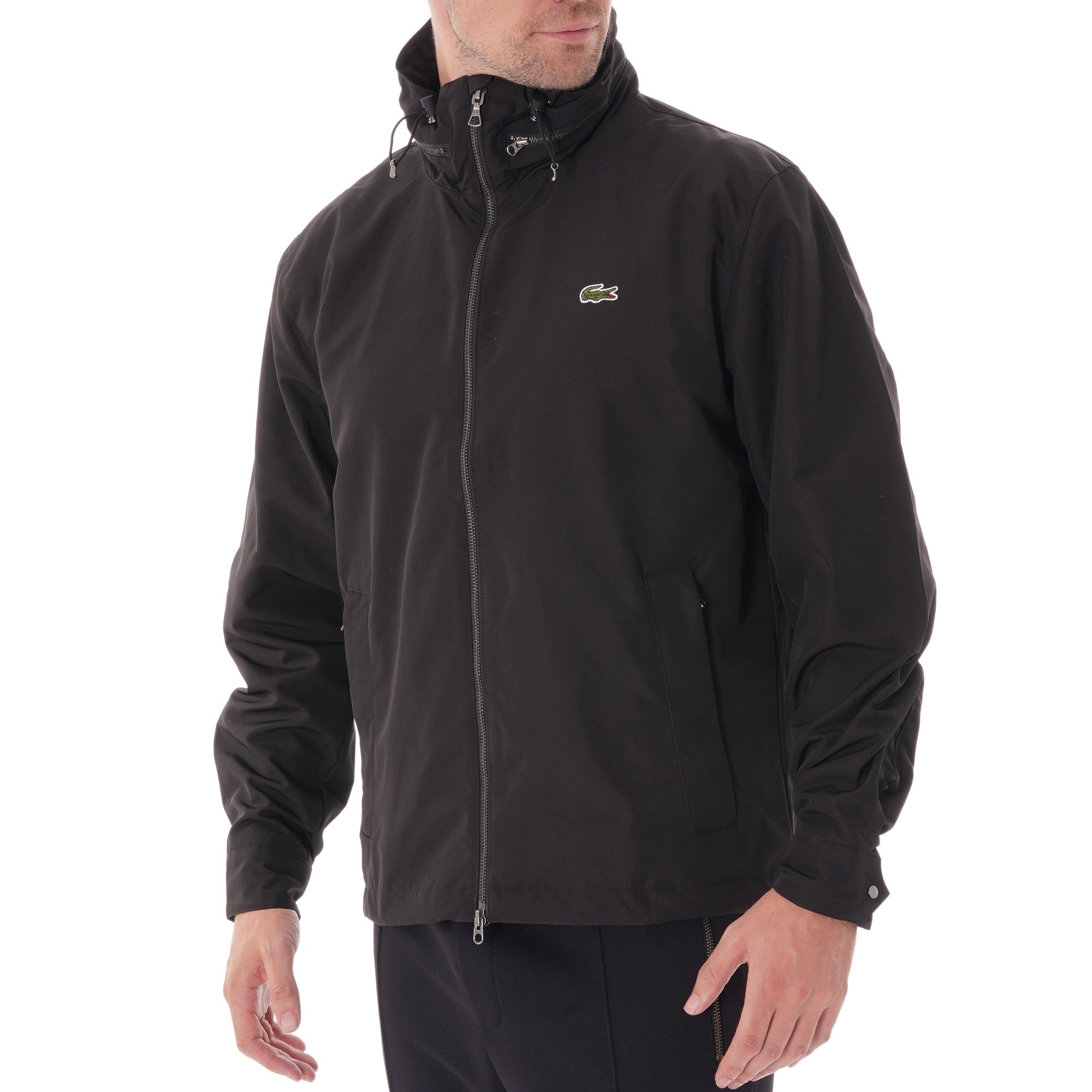 Lacoste Concealed Hood Combinable Lightweight Zip Windbreaker - Black