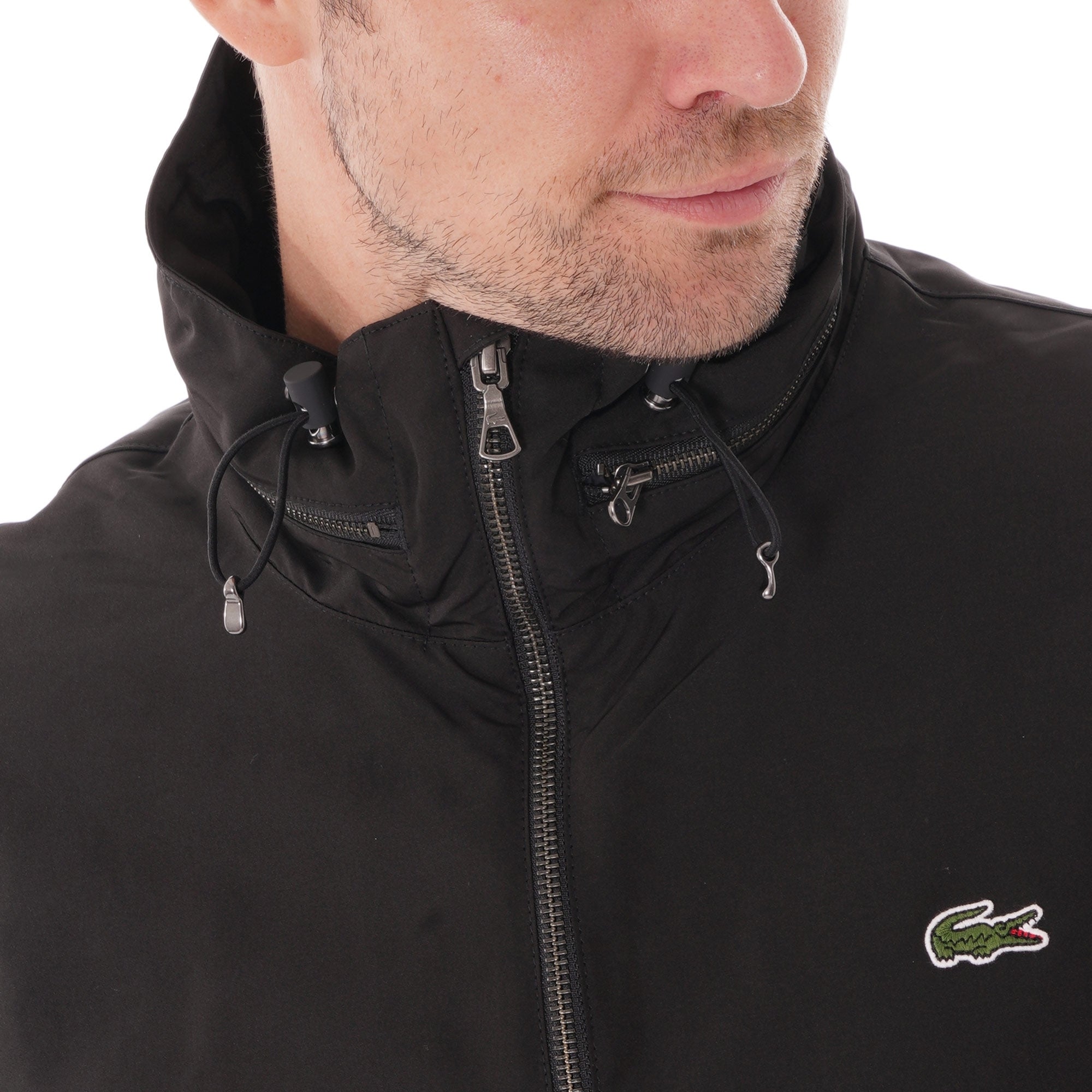 Lacoste Concealed Hood Combinable Lightweight Zip Windbreaker - Black