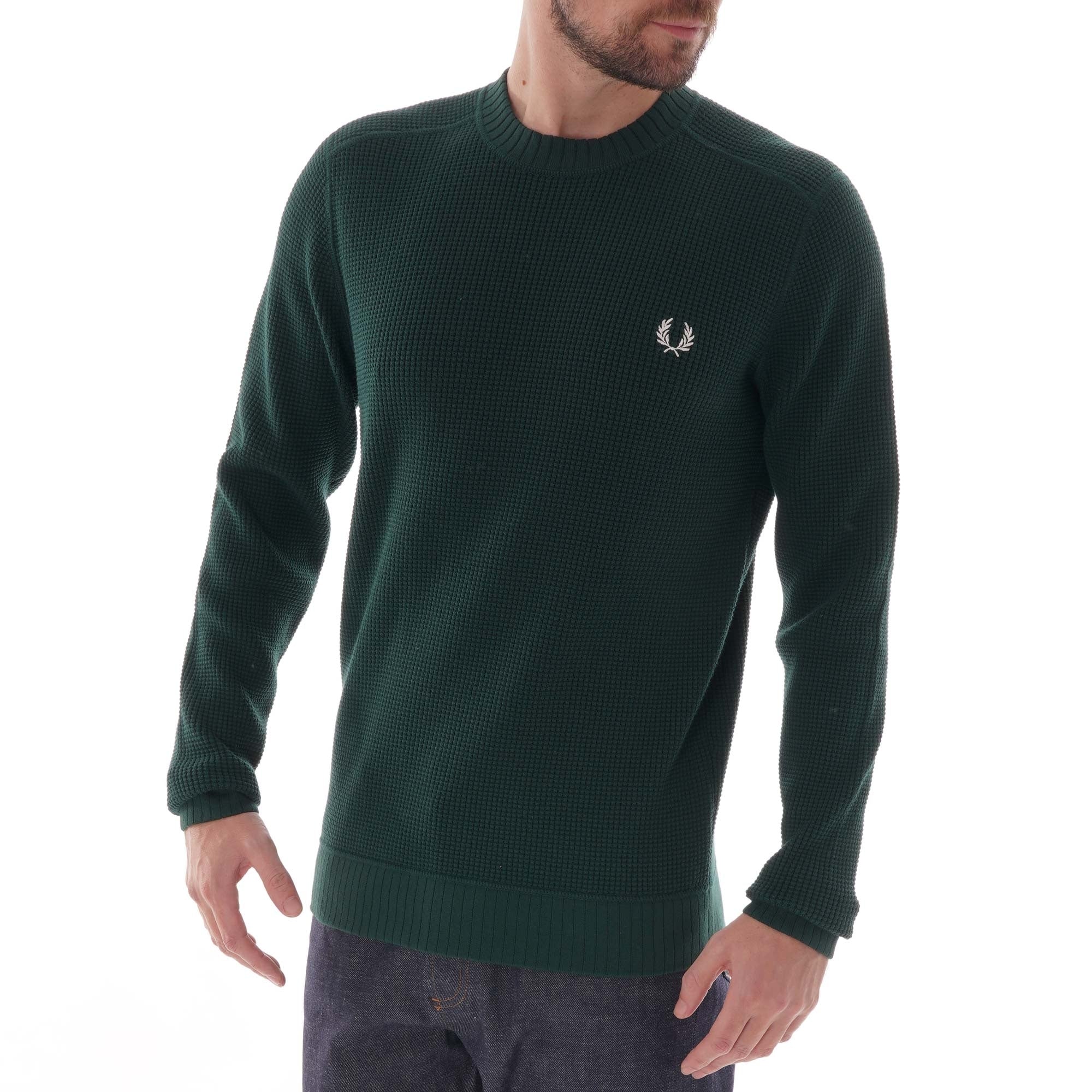 Fred Perry Waffle Texture Crew Neck Jumper - Evergreen
