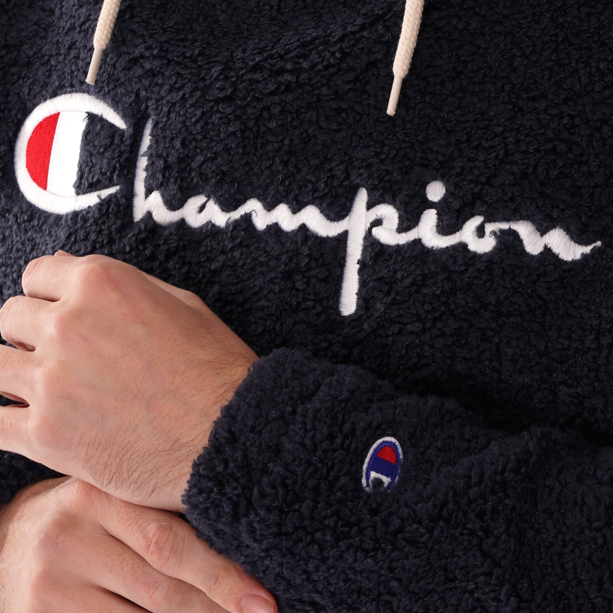 Champion Script Logo Teddy Hoodie - Navy