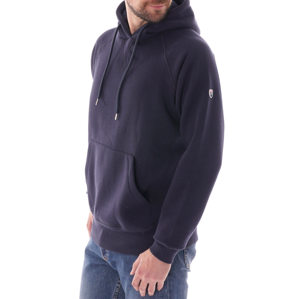 Side view of a man modelling a C17 Jeans raglan sleeve hoodie in navy.