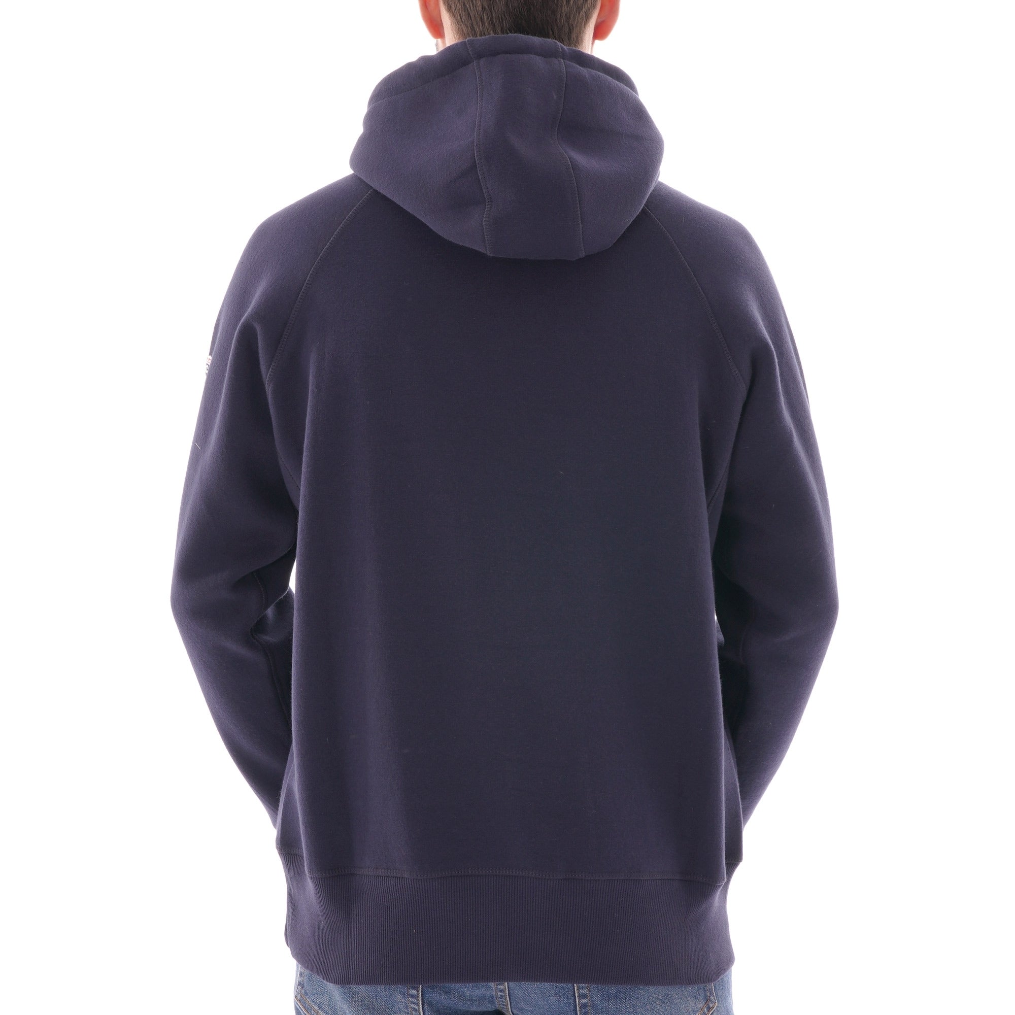 Back view of a man modelling a C17 Jeans raglan sleeve hoodie in navy.