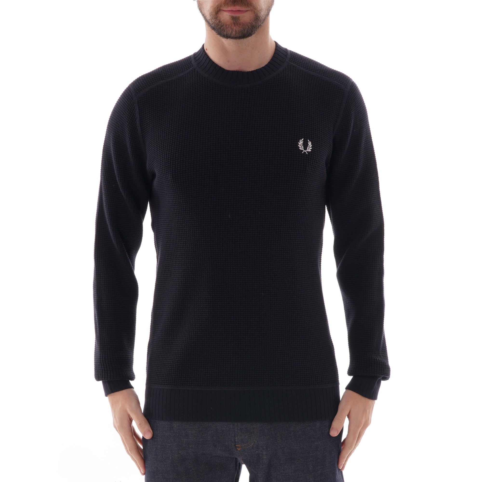 Fred Perry Waffle Texture Crew Neck Jumper - Navy