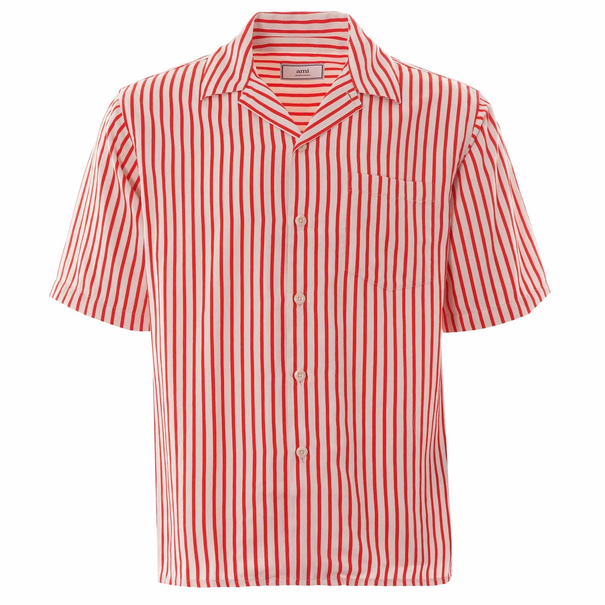 AMI Striped Short Sleeve Shirt - White/Red