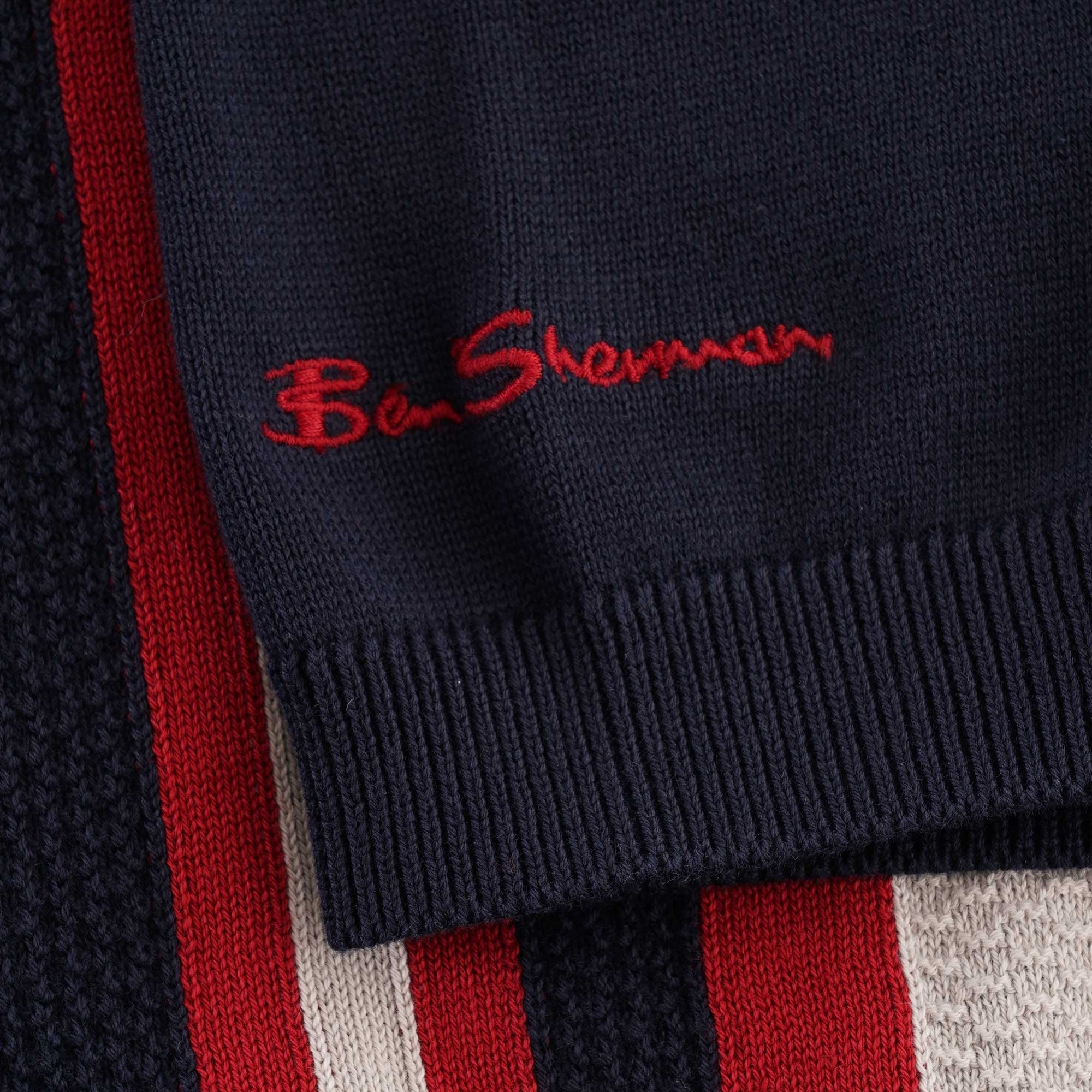 Ben Sherman Textured Stripe Zip Through Polo - Dark Navy