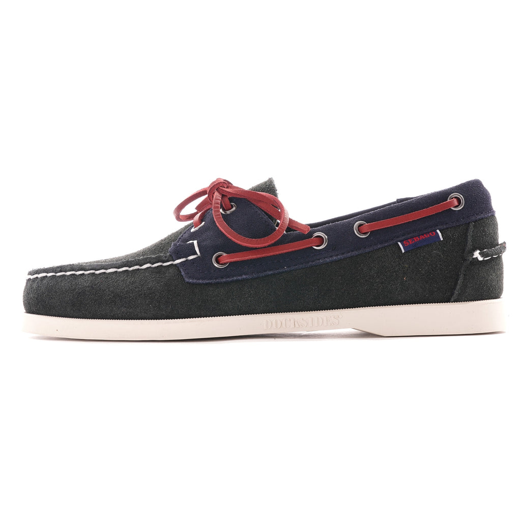 A single Sebago Baracuta Portland boat shoe with red laces, left side view.