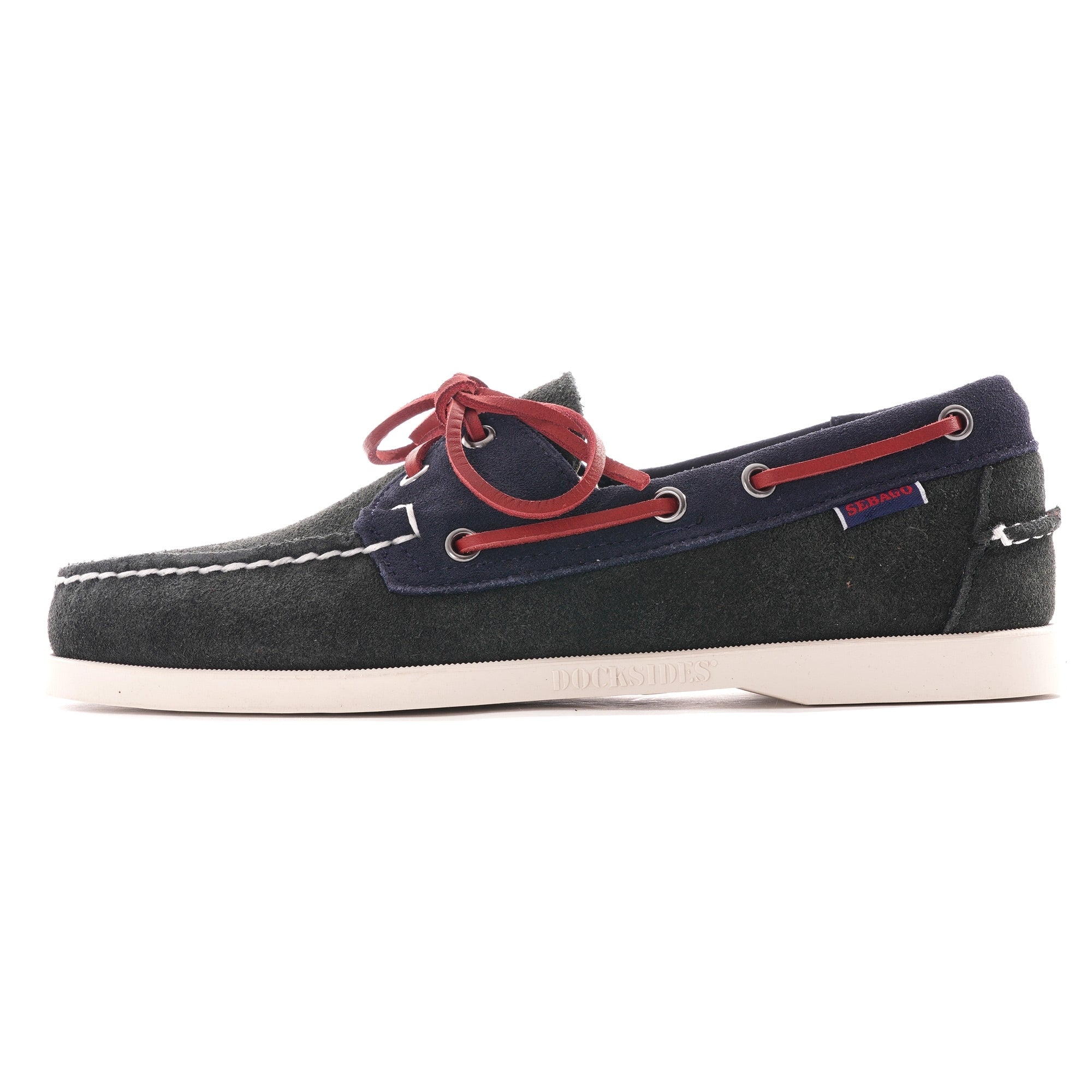 A single Sebago Baracuta Portland boat shoe with red laces, left side view.
