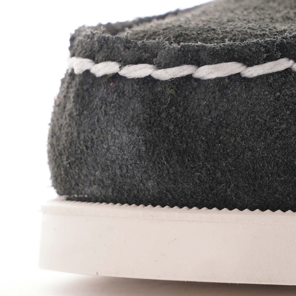 Close-up of the hand-stitched toe detail on a Sebago Baracuta Portland boat shoe.