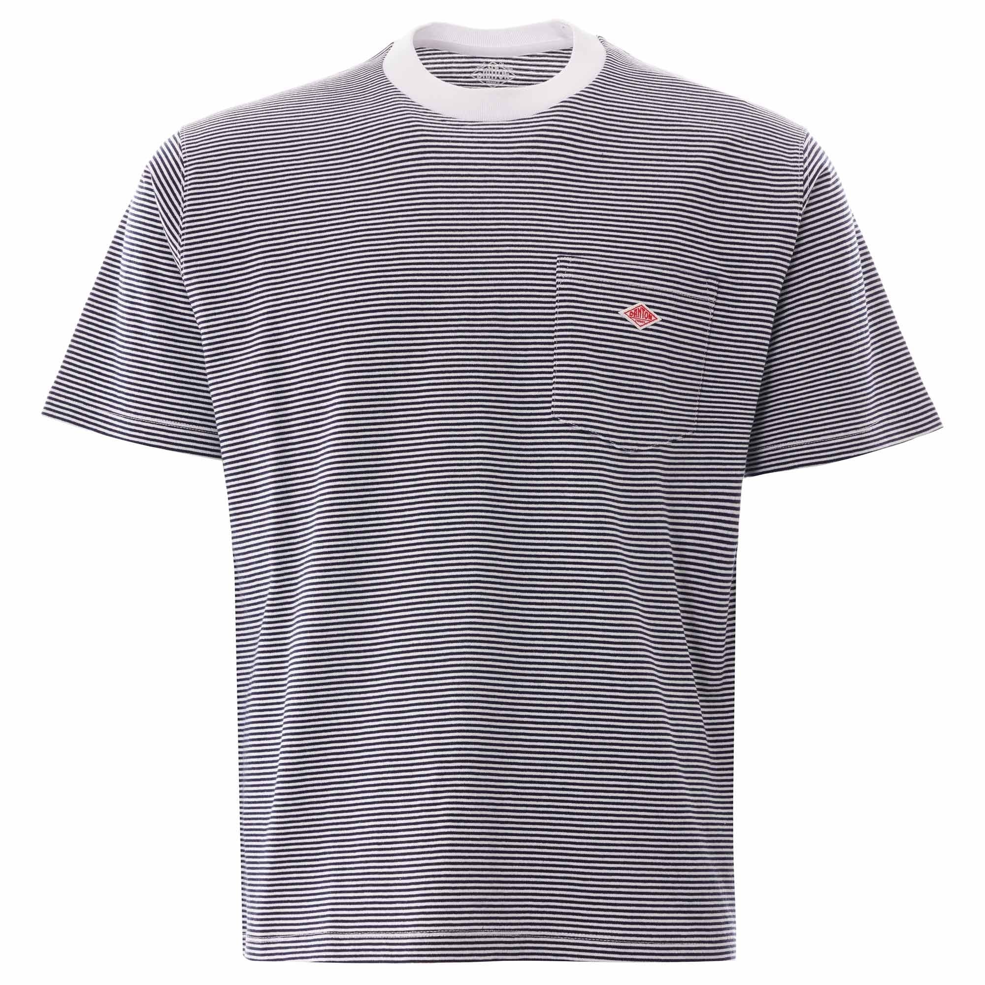 Striped T-Shirt in grey and white with a white collar and a small red logo on the chest pocket.