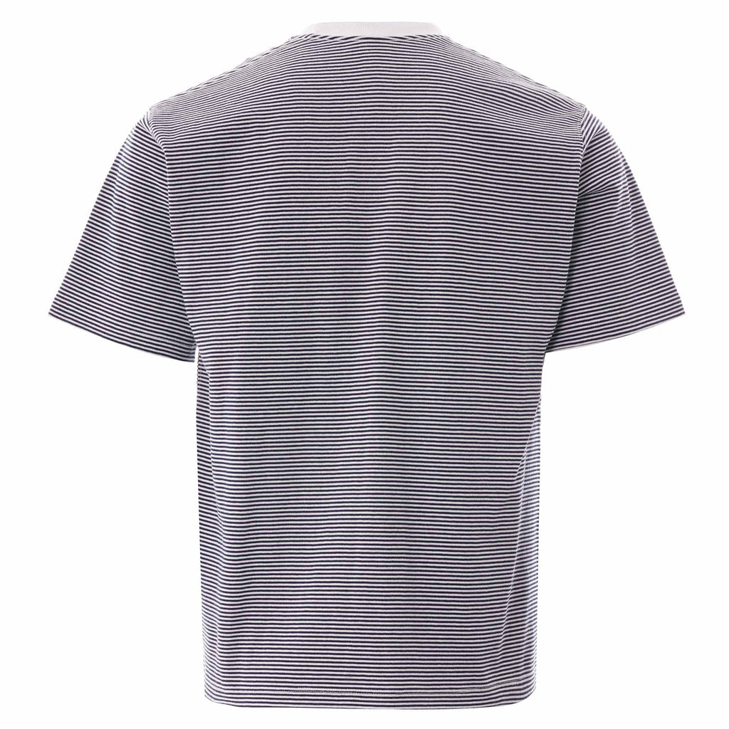 Back view of the striped T-shirt in grey and white with a white collar.