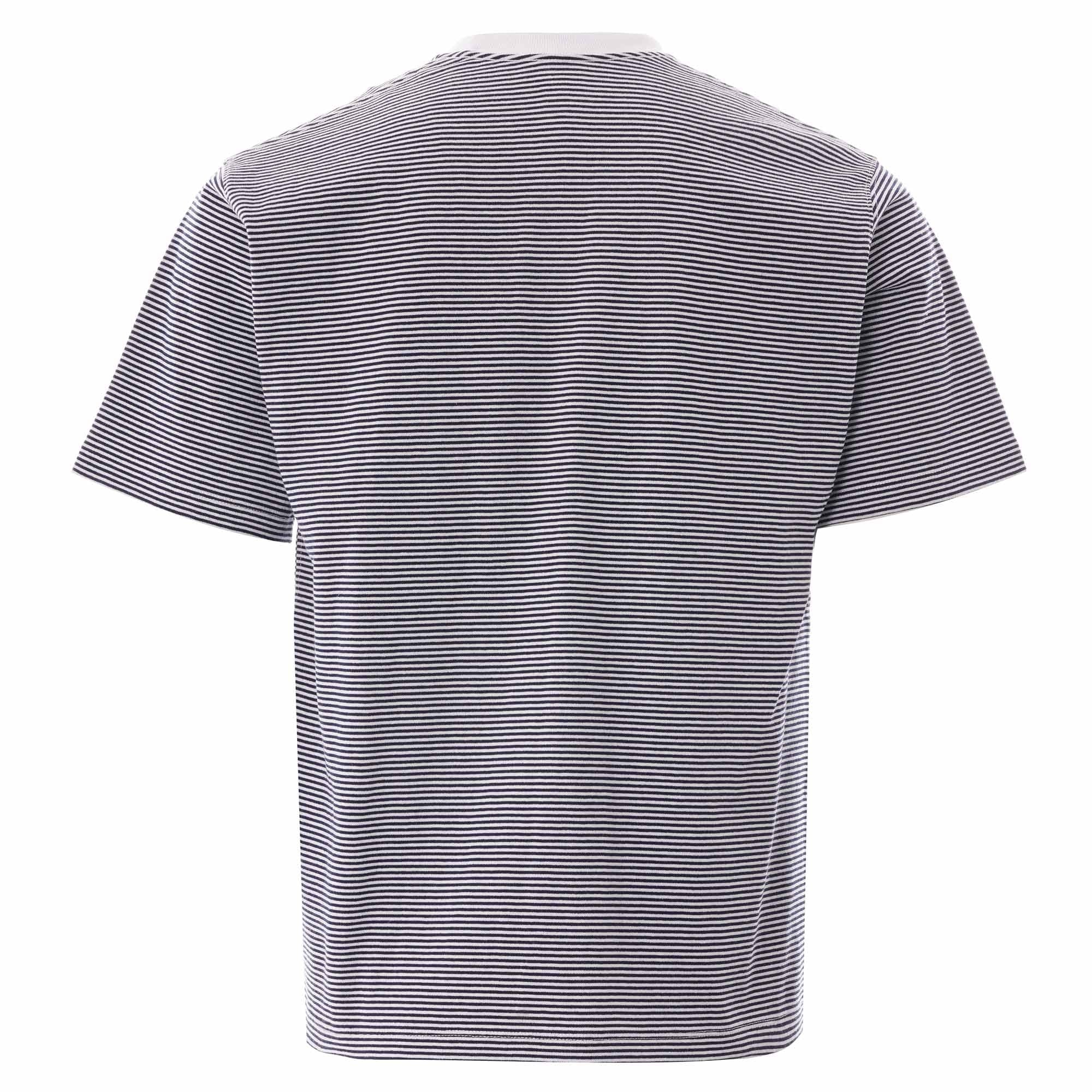 Back view of the striped T-shirt in grey and white with a white collar.