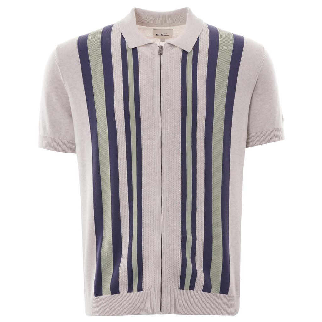 Ben Sherman Textured Stripe Zip Through Polo - Snow White