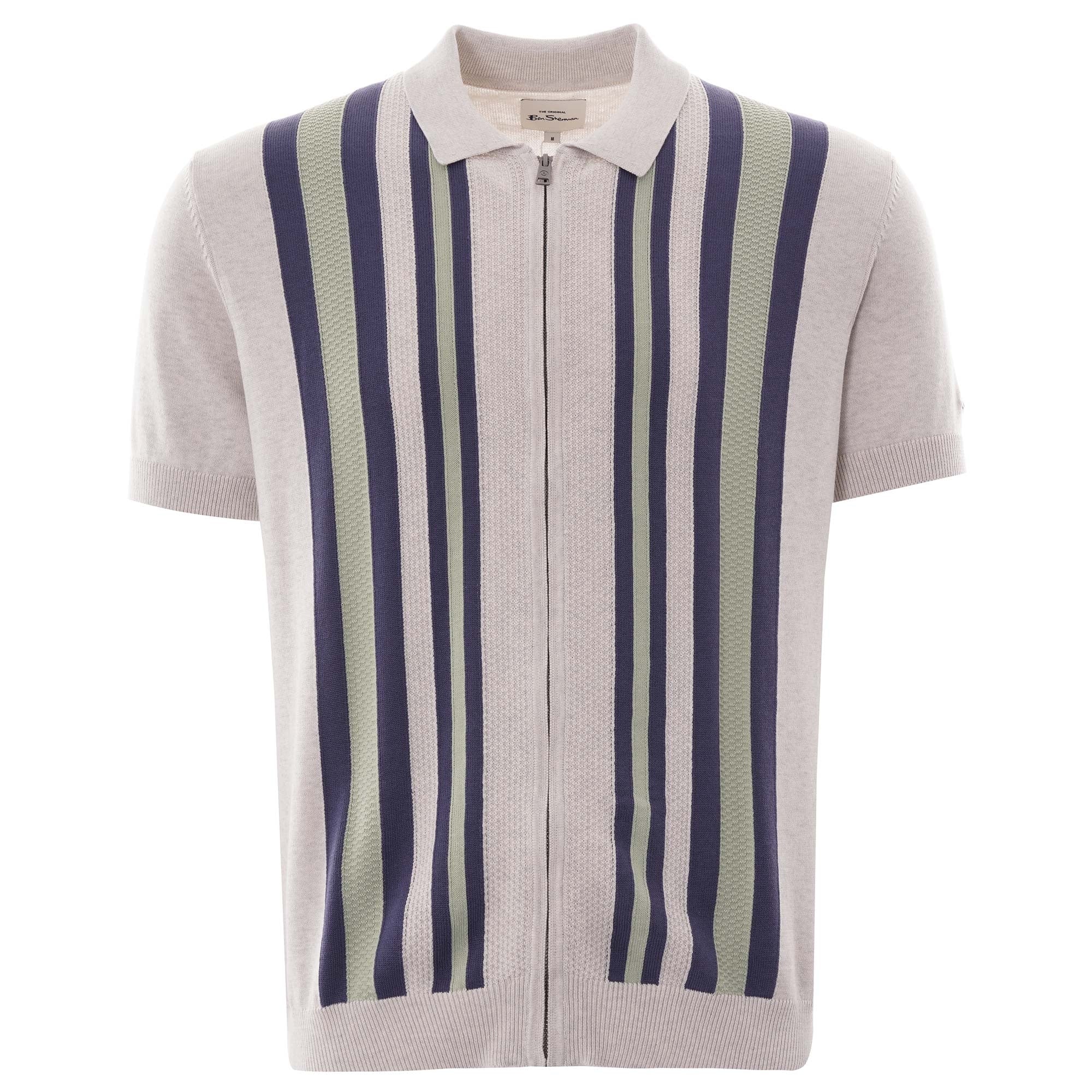 Ben Sherman Textured Stripe Zip Through Polo - Snow White