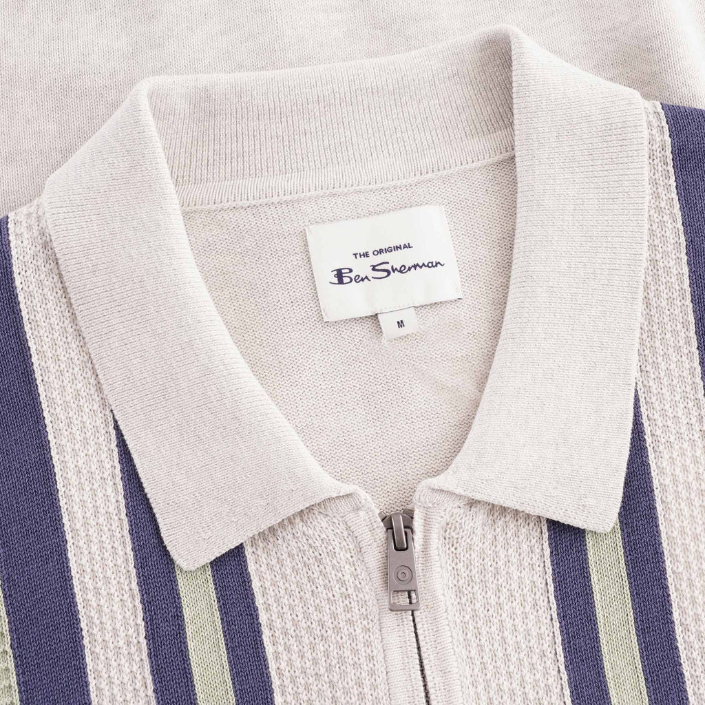 Ben Sherman Textured Stripe Zip Through Polo - Snow White