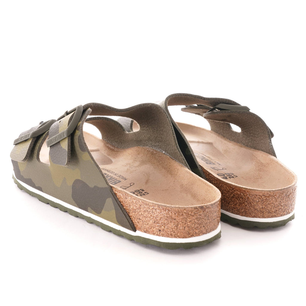 Rear view of a pair of green camouflage Arizona Birkenstock sandals.