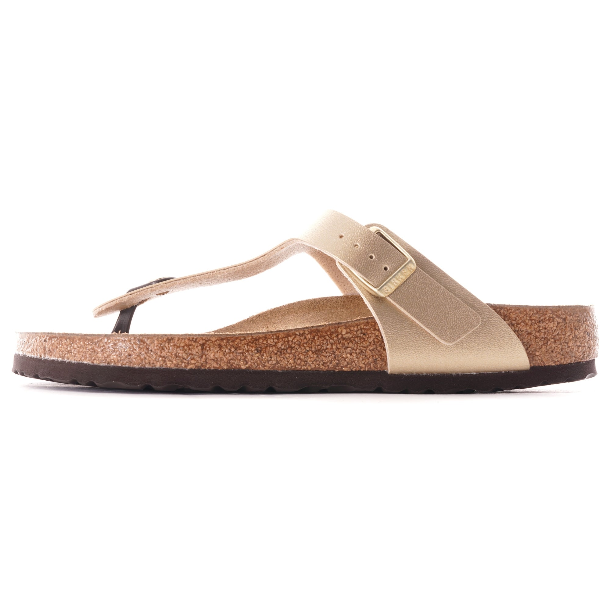A single gold-coloured Birkenstock Gizeh sandal with a cork sole on a white background.