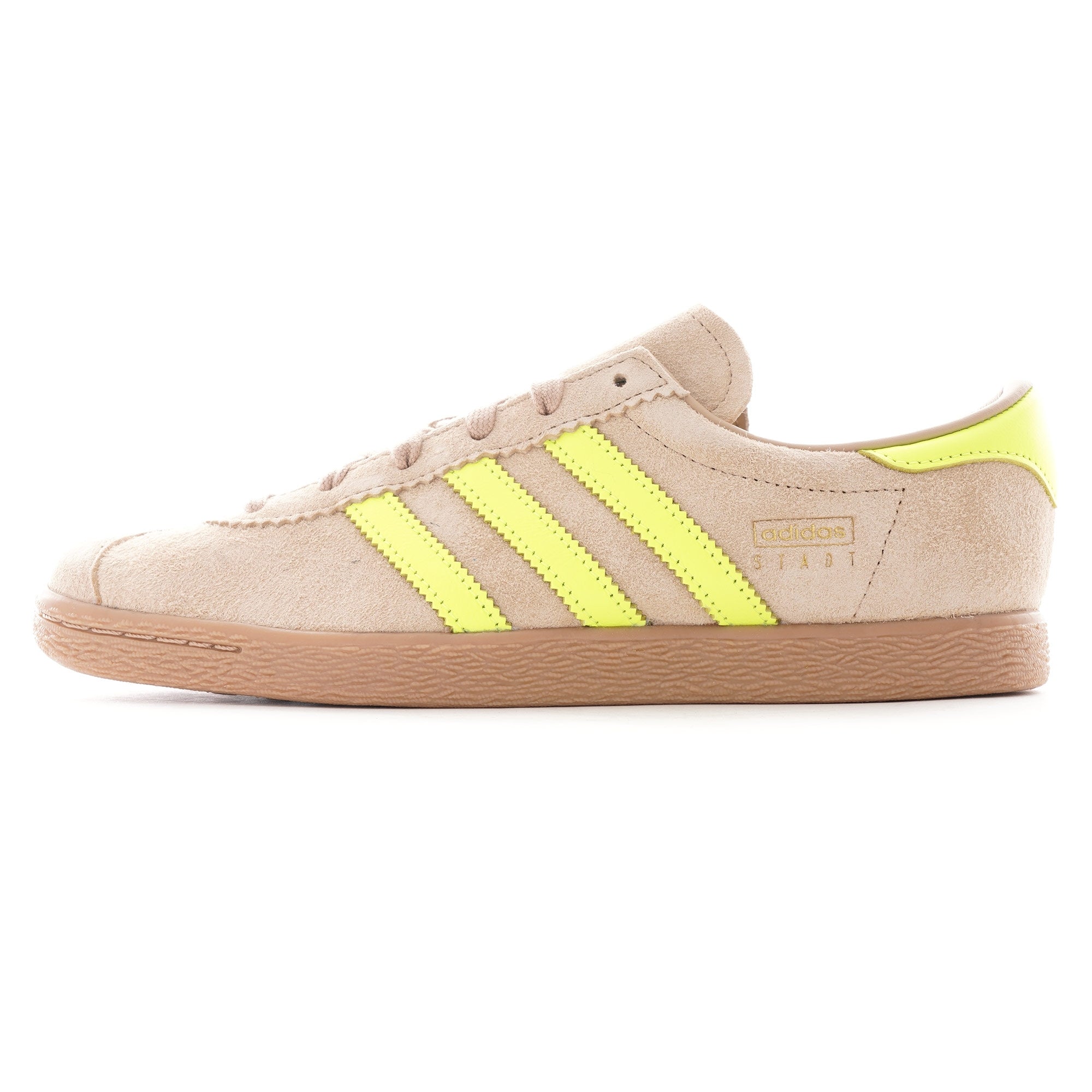 Side profile of an Adidas Campus 80s sneaker in beige suede with bright yellow stripes.