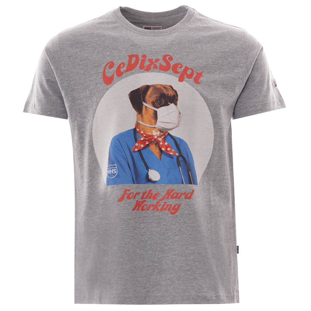 A grey T-shirt with a graphic of a dog wearing a mask and a stethoscope.