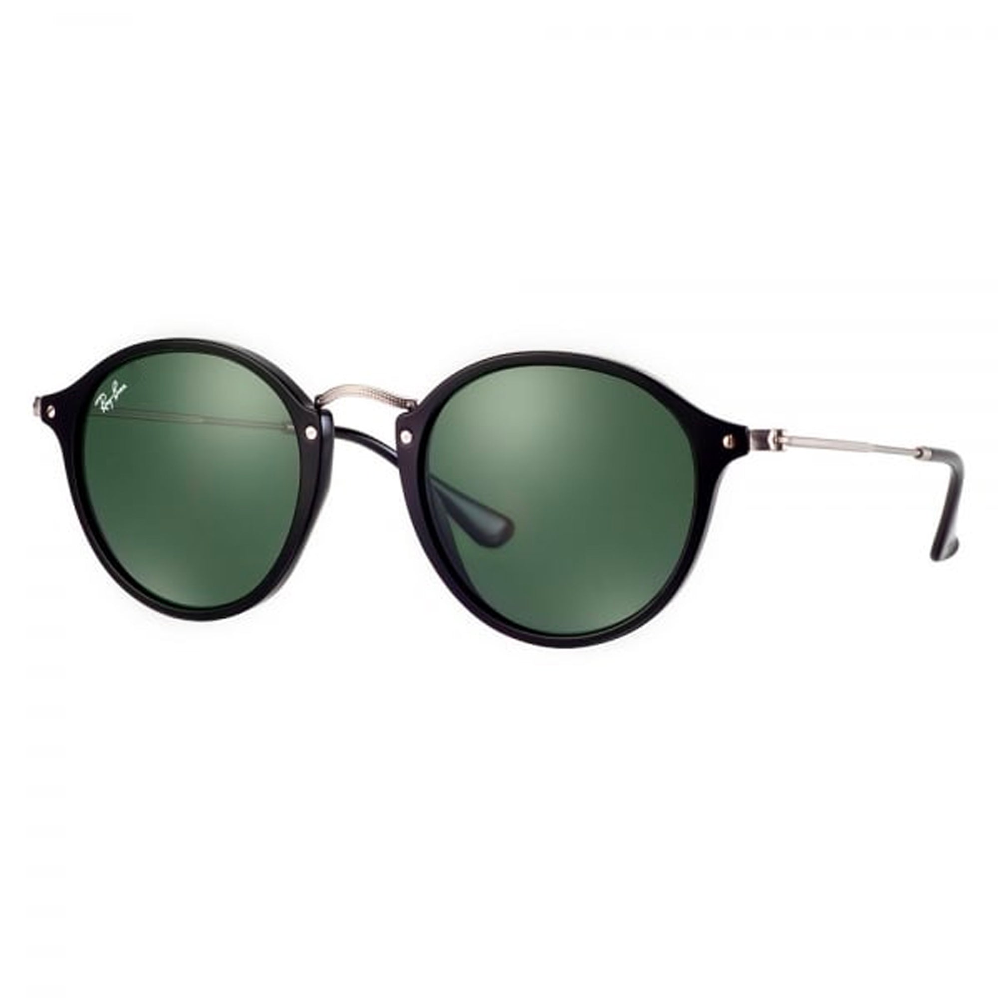Ray Ban Black & Silver Round Fleck Sunglasses - Green Classic G-15 Lenses