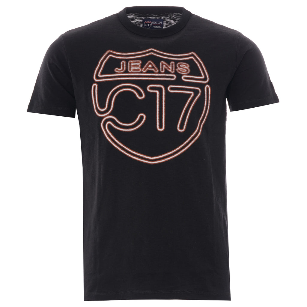 A black short sleeve t-shirt with a large C17 Jeans logo on the front.