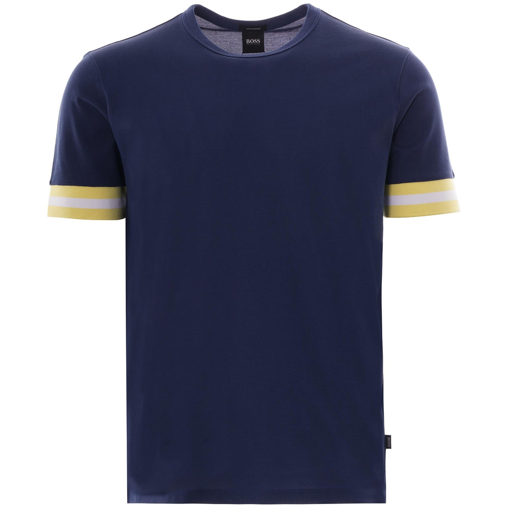 A navy t-shirt with yellow and white striped cuffs on a white background.