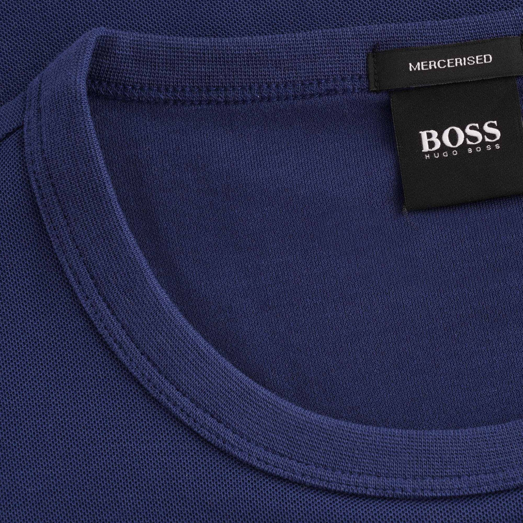 Close-up of the t-shirt's collar, showing the BOSS brand label.