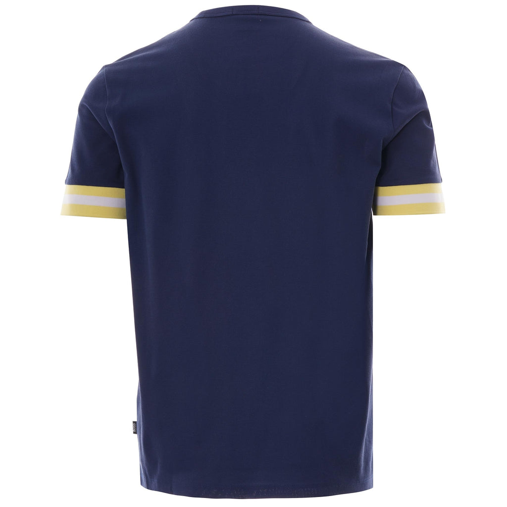 The back of a navy t-shirt with yellow and white striped cuffs on a white background.