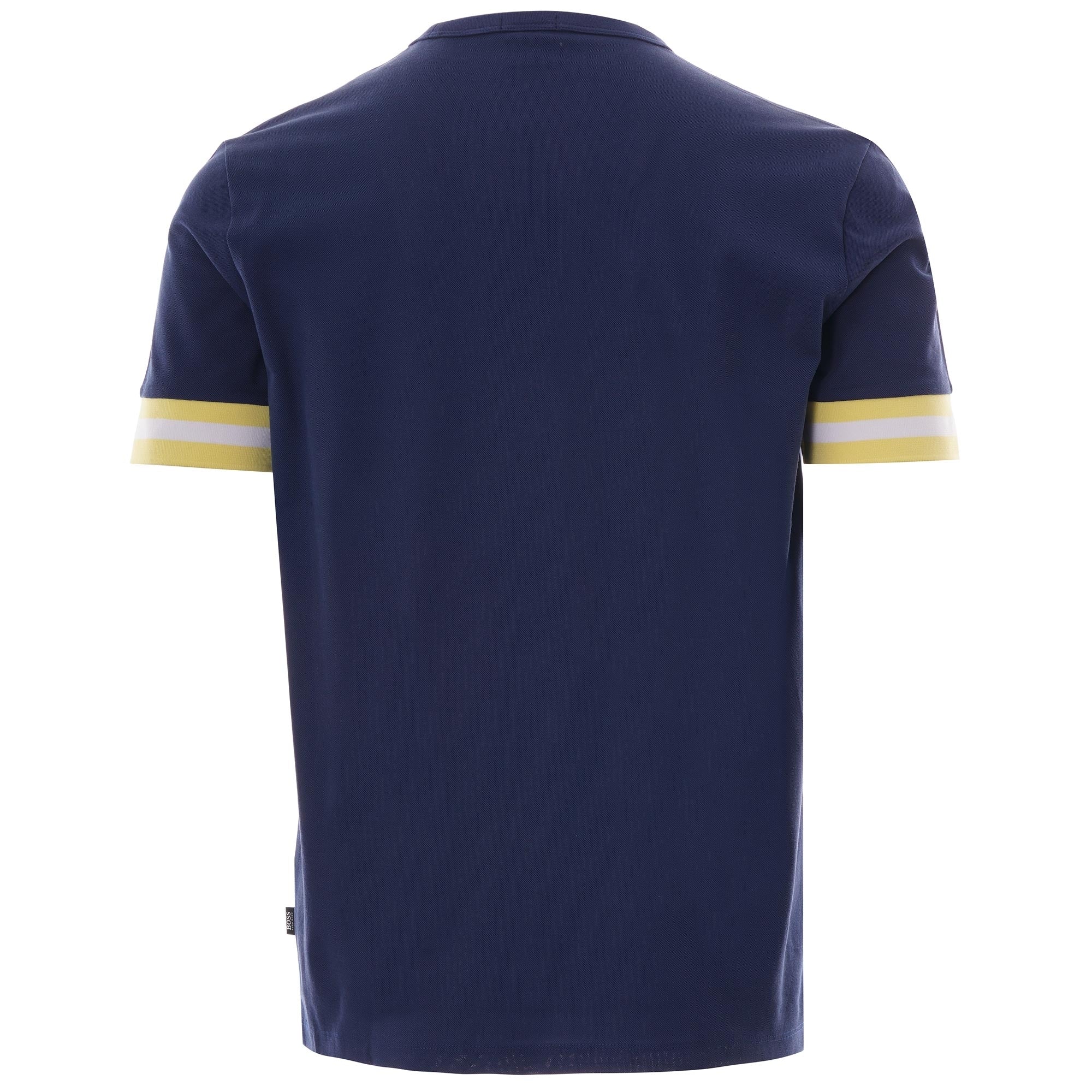 The back of a navy t-shirt with yellow and white striped cuffs on a white background.