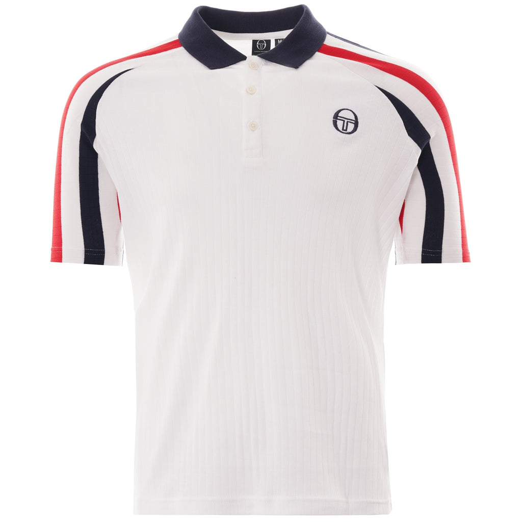 A white short-sleeved polo shirt with a navy collar and red and navy stripes on the shoulders.