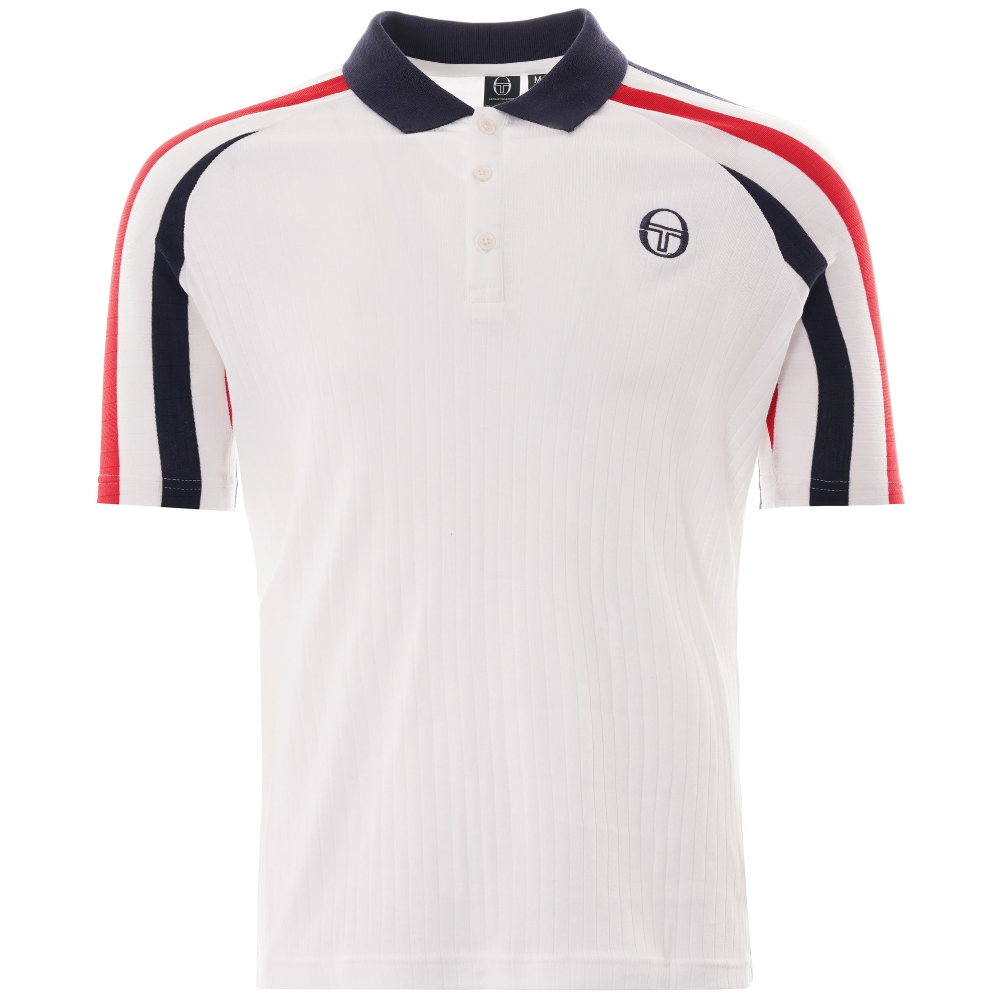 A white short-sleeved polo shirt with a navy collar and red and navy stripes on the shoulders.